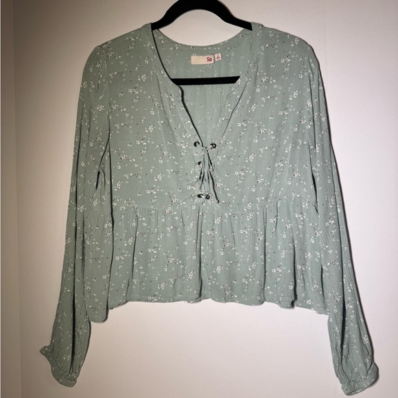 SO Tops - SO Mint Floral Lace-Up Cropped Blouse